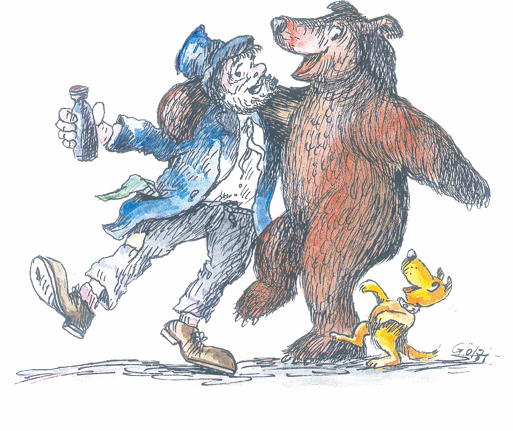 Illustration mit Bär, Narr und kleinem gelben Maskottchen